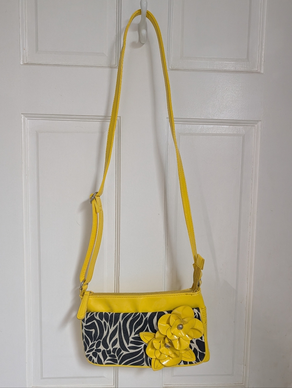 Yellow Floral Accent Patent Leather Crossbody Bag